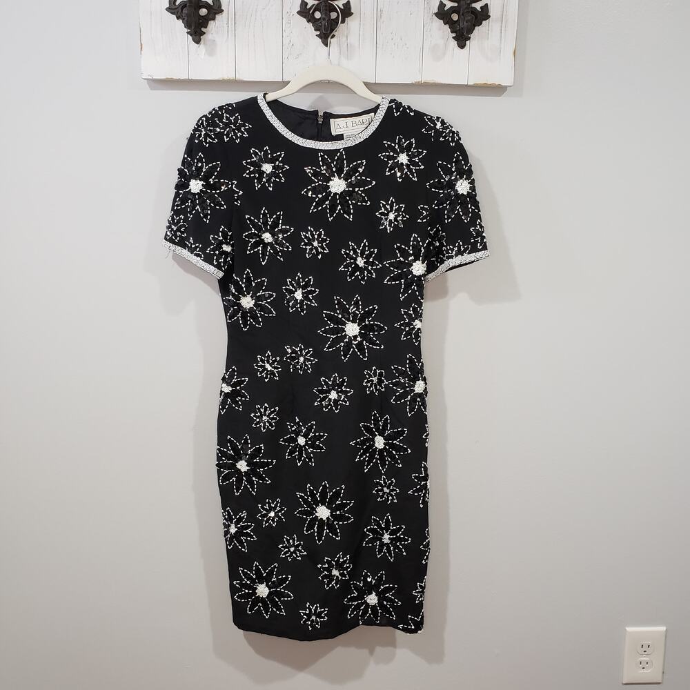 A.J. Bari Black Beaded Floral Cocktail Dress Size 6